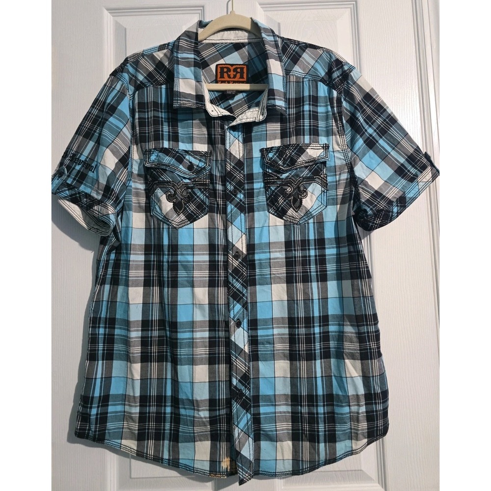 ROCK REVIVAL Men's Short Sleeve Shirt Blue Plaid XL